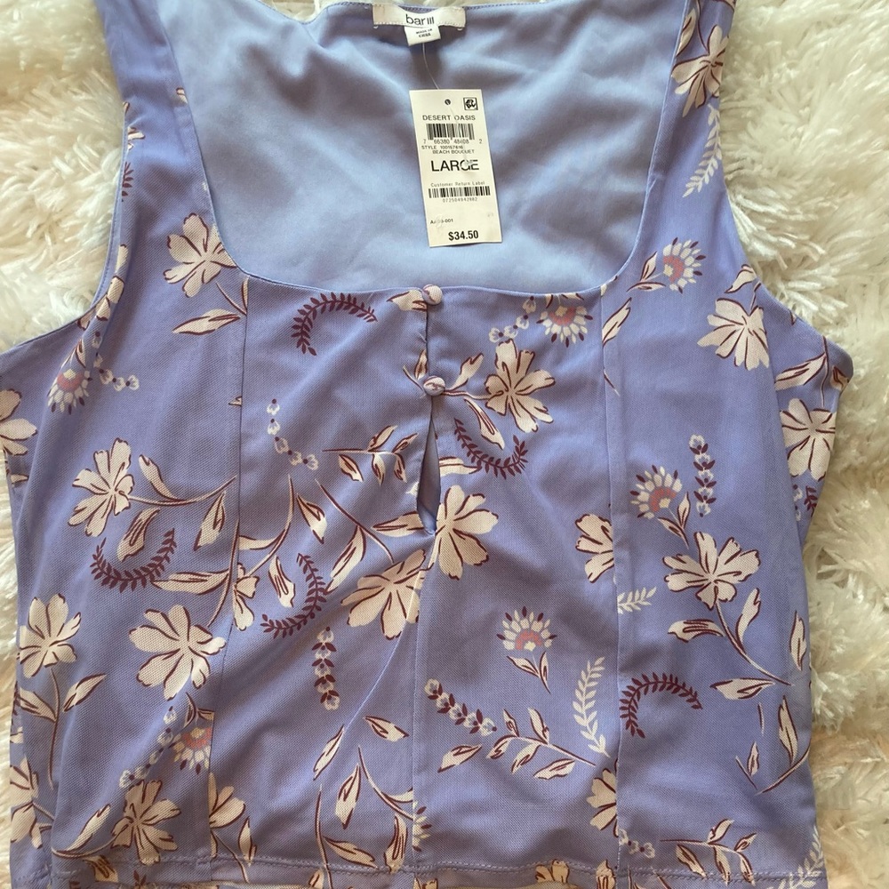Bar III Sz Lg sleeveless top. Lavender colored with floral pattern. NWT